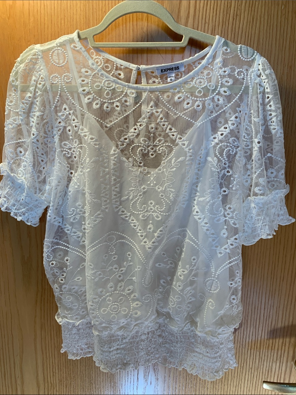 Express White Embroidered Lace Sheer Peasant Blouse with Lining- Size M